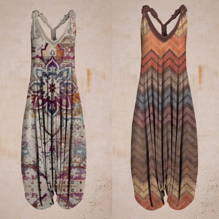 "Damer linne jumpsuit med tropiskt tryck, färgglatt blomtryck, rymlig passform, perfekt för sommar och semester."