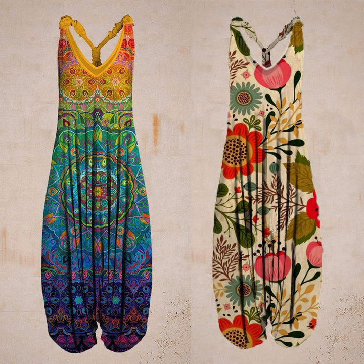 "Damer linne jumpsuit med tropiskt tryck, färgglatt blomtryck, rymlig passform, perfekt för sommar och semester."