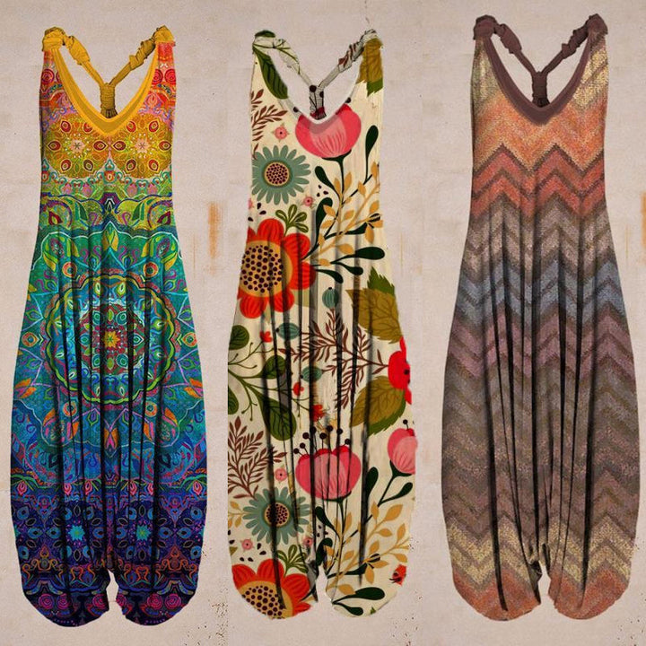"Damer linne jumpsuit med tropiskt tryck, färgglatt blomtryck, rymlig passform, perfekt för sommar och semester."