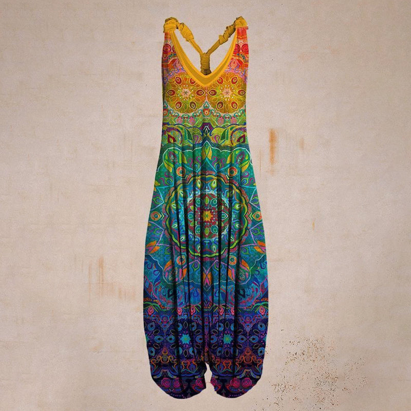 "Damer linne jumpsuit med tropiskt tryck, färgglatt blomtryck, rymlig passform, perfekt för sommar och semester."