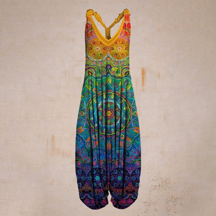 "Damer linne jumpsuit med tropiskt tryck, färgglatt blomtryck, rymlig passform, perfekt för sommar och semester."