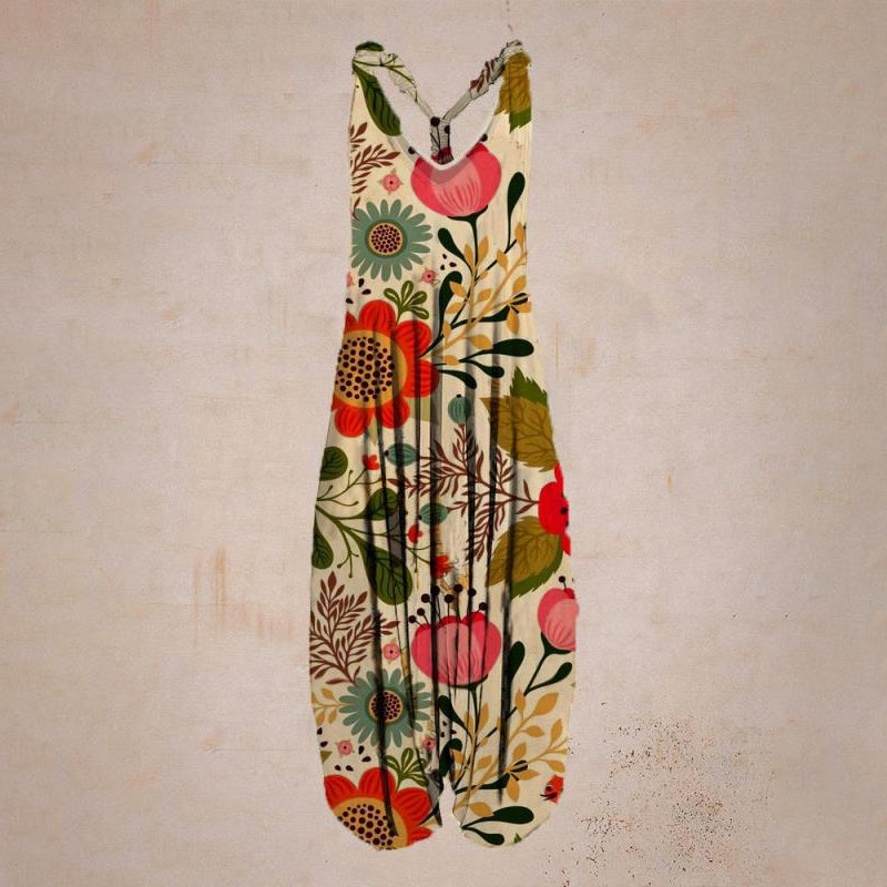 "Damer linne jumpsuit med tropiskt tryck, färgglatt blomtryck, rymlig passform, perfekt för sommar och semester."