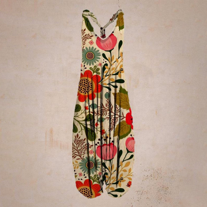 "Damer linne jumpsuit med tropiskt tryck, färgglatt blomtryck, rymlig passform, perfekt för sommar och semester."
