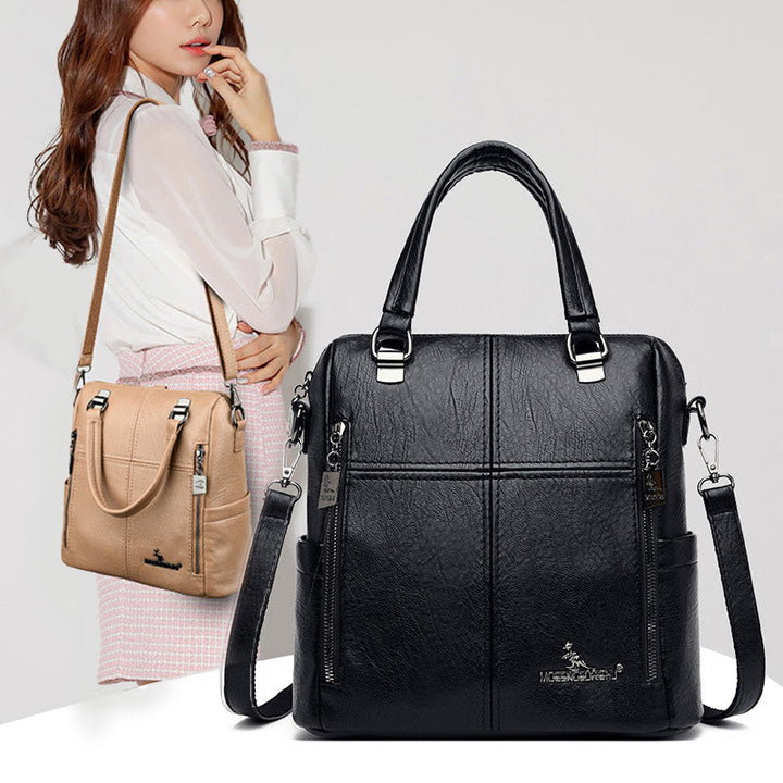 "Damer PU-läder multifunktionell ryggsäck i röd, elegant och slitstark design för vardag och resor, stor kapacitet."