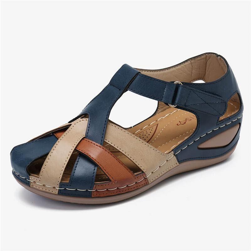 "Damer retro rund tå kors spänne sandaler, brun läderdesign med ergonomiskt stöd och halksäker sula."