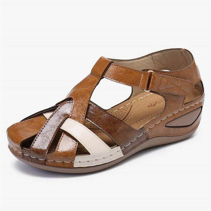 "Damer retro rund tå kors spänne sandaler, brun läderdesign med ergonomiskt stöd och halksäker sula."