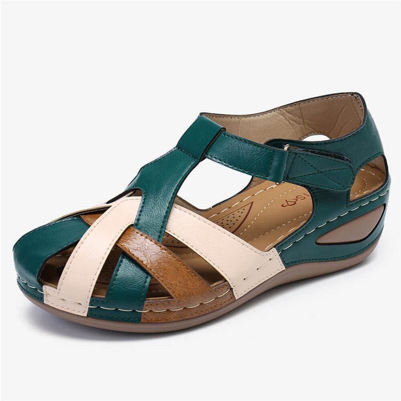 "Damer retro rund tå kors spänne sandaler, brun läderdesign med ergonomiskt stöd och halksäker sula."