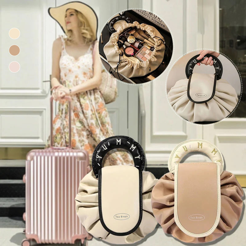 "Damer sminkväska, dragsnöredesign i beige, brun, rosa; elegant, funktionell med rymlig interiör, PU-material."