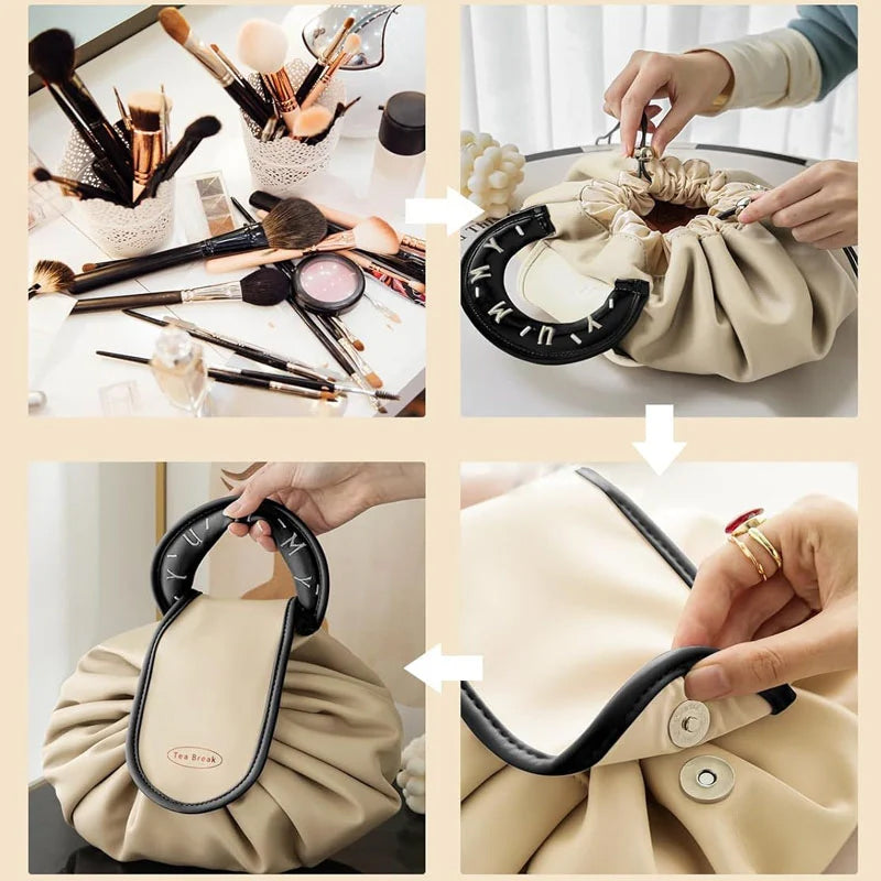 "Damer sminkväska, dragsnöredesign i beige, brun, rosa; elegant, funktionell med rymlig interiör, PU-material."