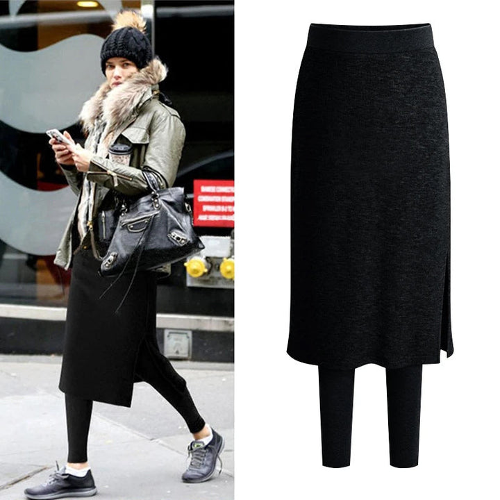 "Damer termiska vinterleggings med fleecekjol i svart, mjukt och varmt material, idealiska för kalla dagar med elegant stil."