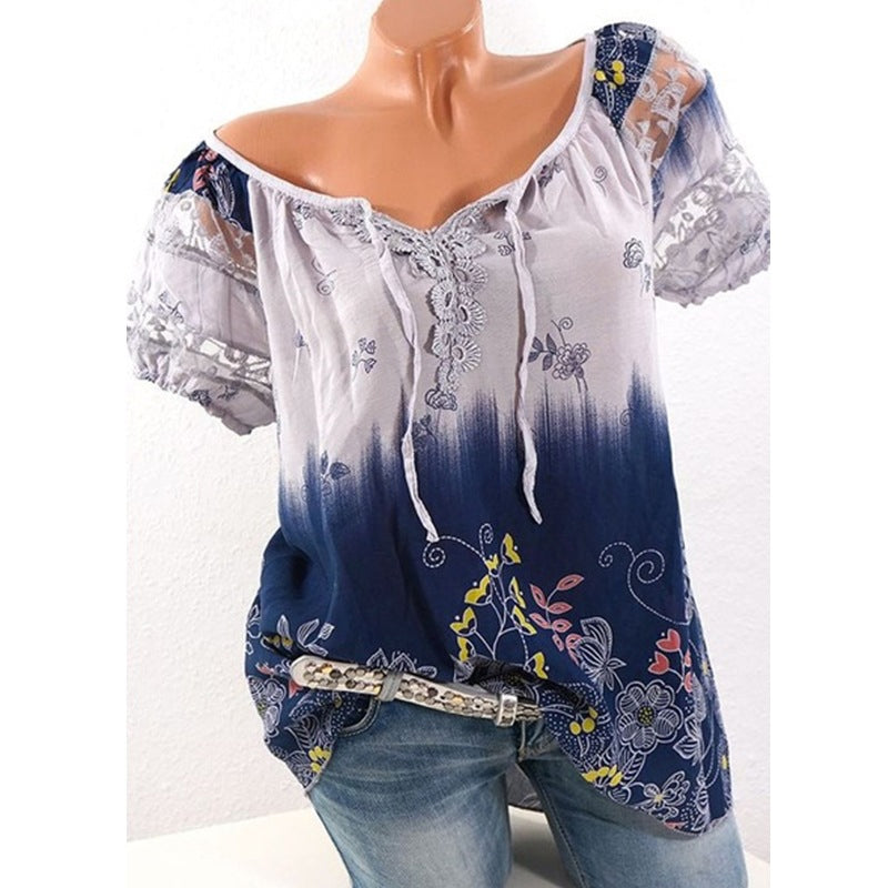 "Damer V-ringad blus i spets med blommönster, kort ärm, romantisk stil för sommar, perfekt för vardag och utflykter."