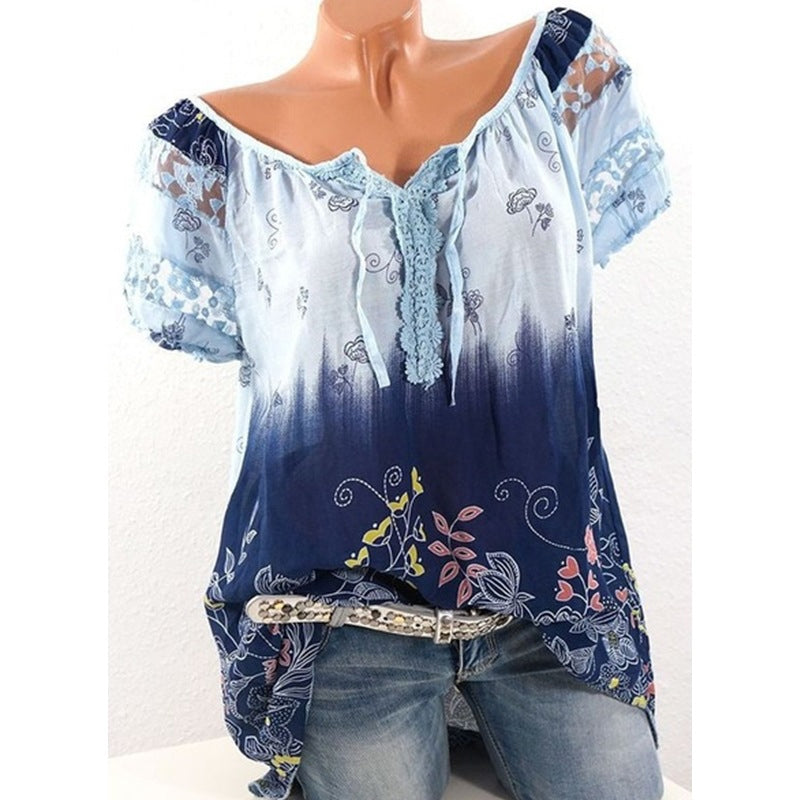 "Damer V-ringad blus i spets med blommönster, kort ärm, romantisk stil för sommar, perfekt för vardag och utflykter."