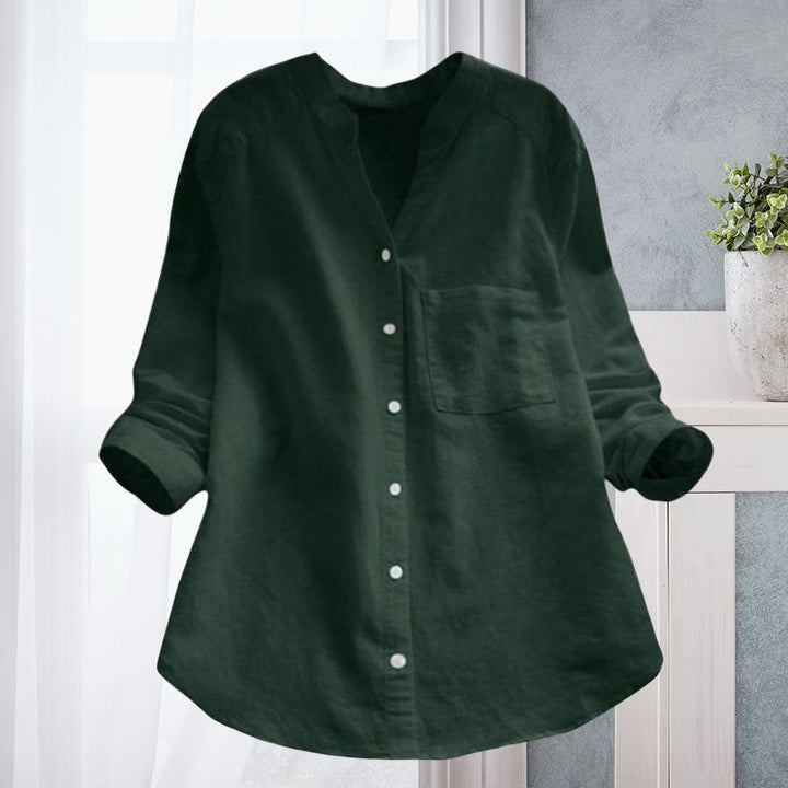 "Damer V-ringad lös blus i blått, enkelfärgad, med långa ärmar; vår- och höstmode, stilren och bekväm design."