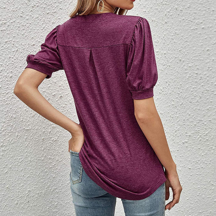 "Damer V-ringad puffärm långärmad t-shirt i mjuk bomull med lös passform i flera färger."