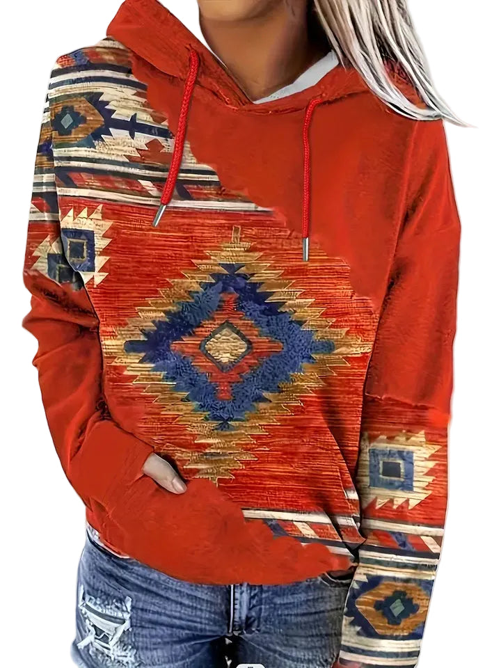 Damers långärmade hoodie med aztekiskt mönster för kvinnor, perfekt för fritid och vintermode.