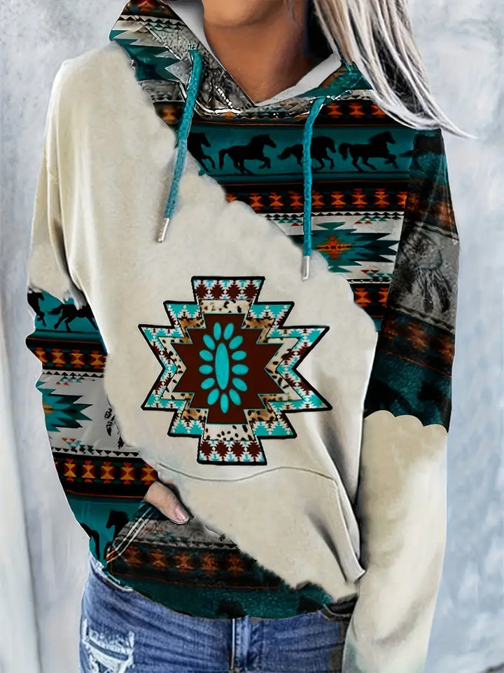 Bekväm damhoodie med aztekiskt mönster, långa ärmar, idealisk för en avslappnad stil vintertid.