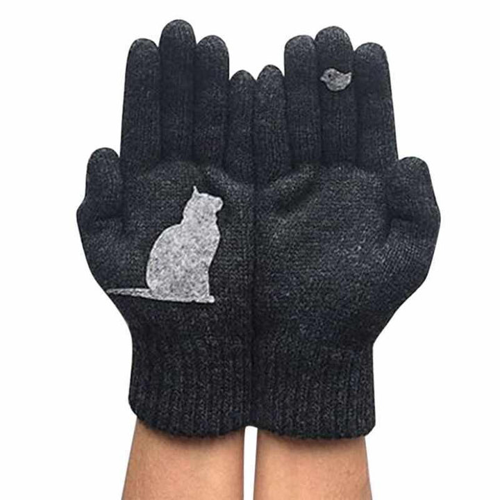 Damhandskar i bomull med kattmotiv, svart och grå, femfingrig design för värme och stil, perfekt för kalla dagar.