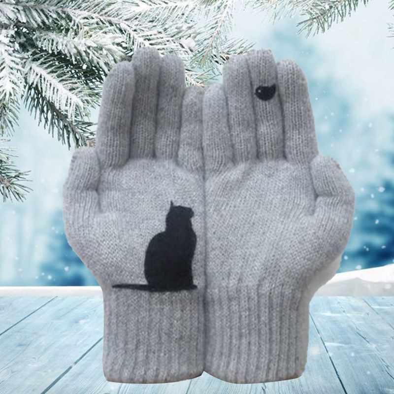 Damhandskar i bomull med kattmotiv, svart och grå, femfingrig design för värme och stil, perfekt för kalla dagar.