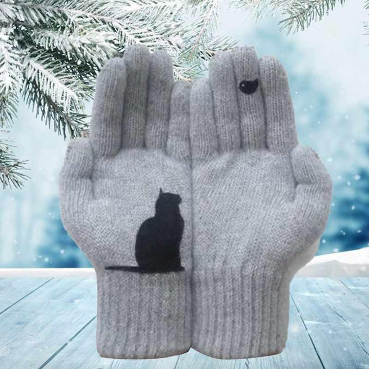 Damhandskar i bomull med kattmotiv, svart och grå, femfingrig design för värme och stil, perfekt för kalla dagar.