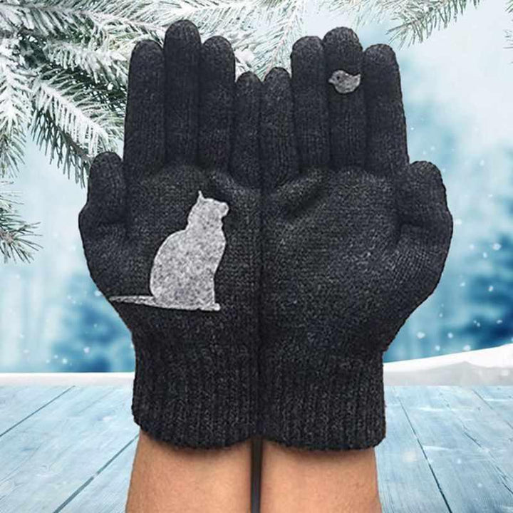Damhandskar i bomull med kattmotiv, svart och grå, femfingrig design för värme och stil, perfekt för kalla dagar.