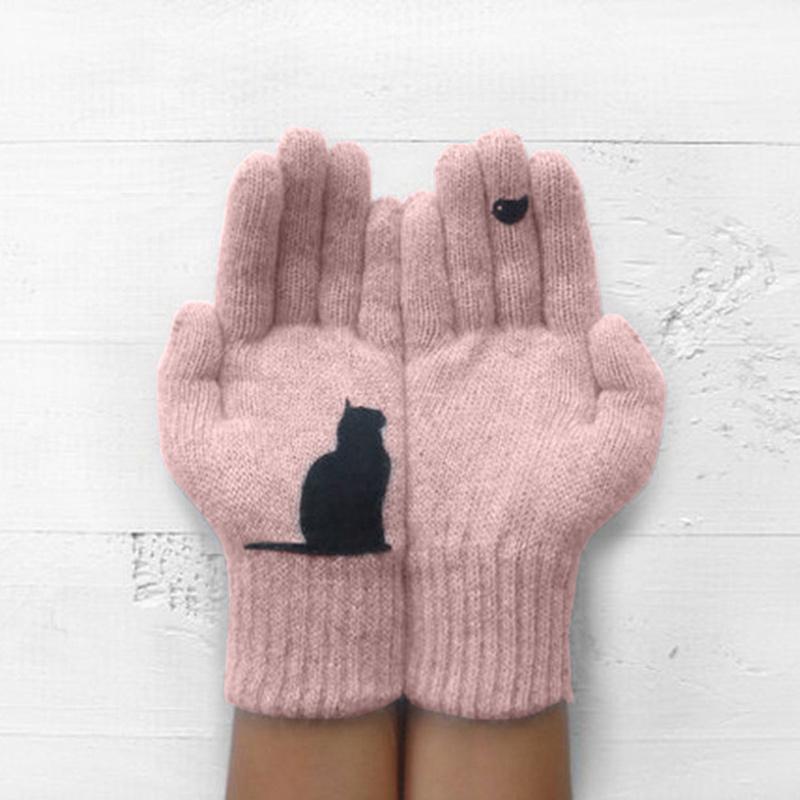 Damhandskar i bomull med kattmotiv, svart och grå, femfingrig design för värme och stil, perfekt för kalla dagar.