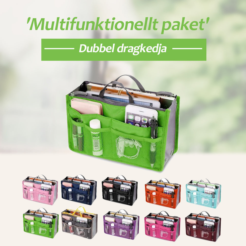"Damhandväska med flera fickor, kompakt design, i färger grön, lila, svart, vinröd, för stil och organisation."