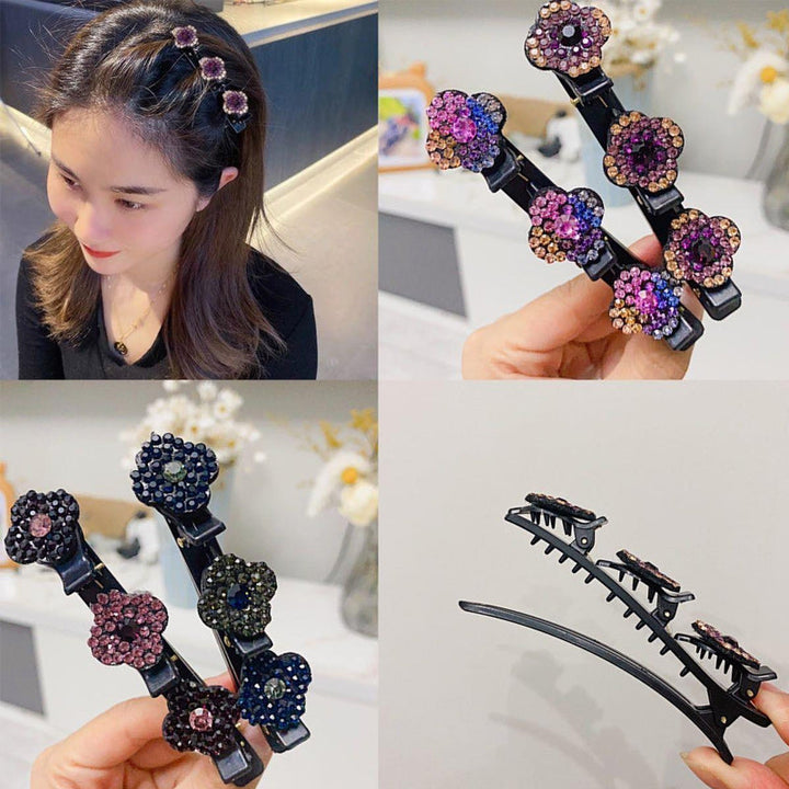 "Damhårklämma med tre strassblommor, glittrande, elegant accessoar för kvinnor, perfekt för glamorös stil."