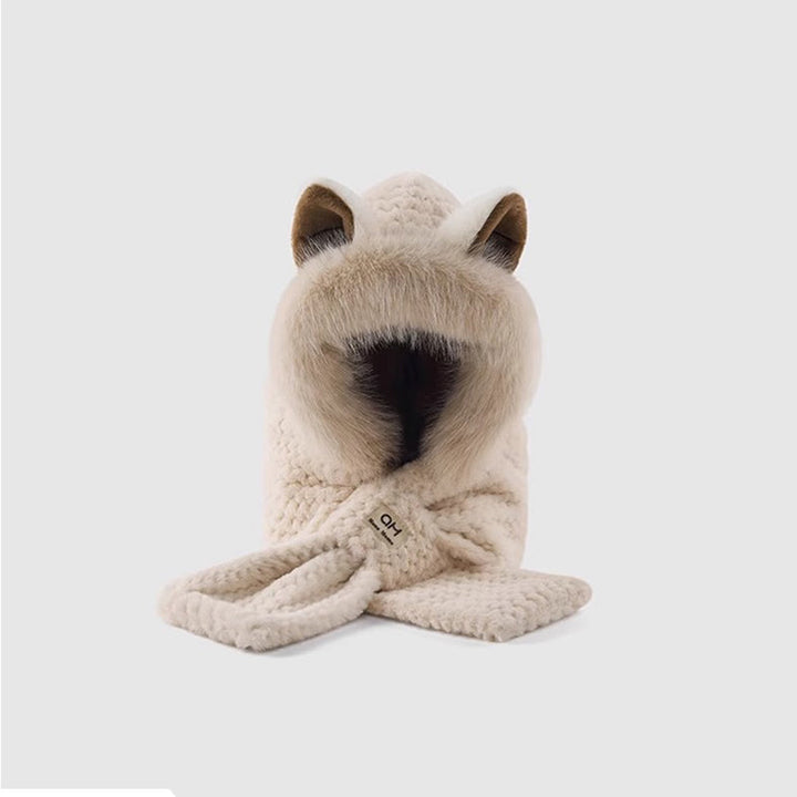 "Damhatt med rävöron 2-i-1, beige och vit, plyschmaterial, unisex design, perfekt för kalla dagar och personlig stil."
