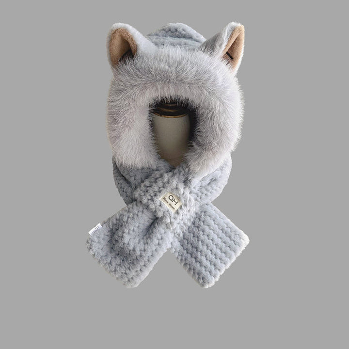 "Damhatt med rävöron 2-i-1, beige och vit, plyschmaterial, unisex design, perfekt för kalla dagar och personlig stil."