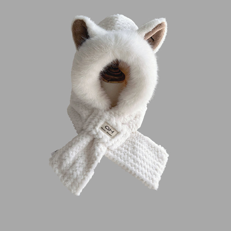 "Damhatt med rävöron 2-i-1, beige och vit, plyschmaterial, unisex design, perfekt för kalla dagar och personlig stil."