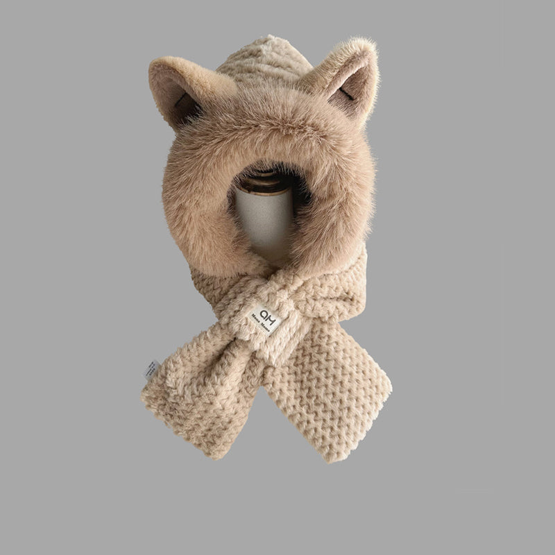 "Damhatt med rävöron 2-i-1, beige och vit, plyschmaterial, unisex design, perfekt för kalla dagar och personlig stil."