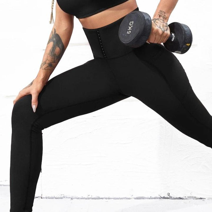 "Damhög midja leggings, elastisk passform, svart, formande, sidfickor, för träning och vardag. Perfekt för komfort."