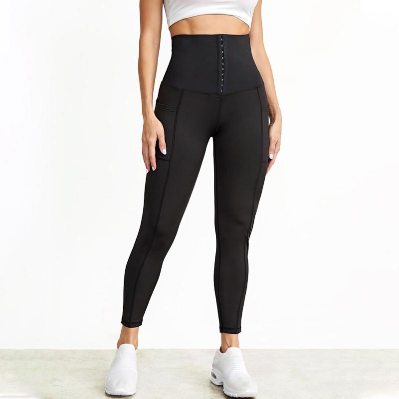 "Damhög midja leggings, elastisk passform, svart, formande, sidfickor, för träning och vardag. Perfekt för komfort."