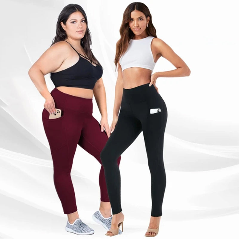 "Damhöga midjeleggings med fickor, rumplyft och kompression i svart, optimal för träning och stilfull vardagsanvändning."