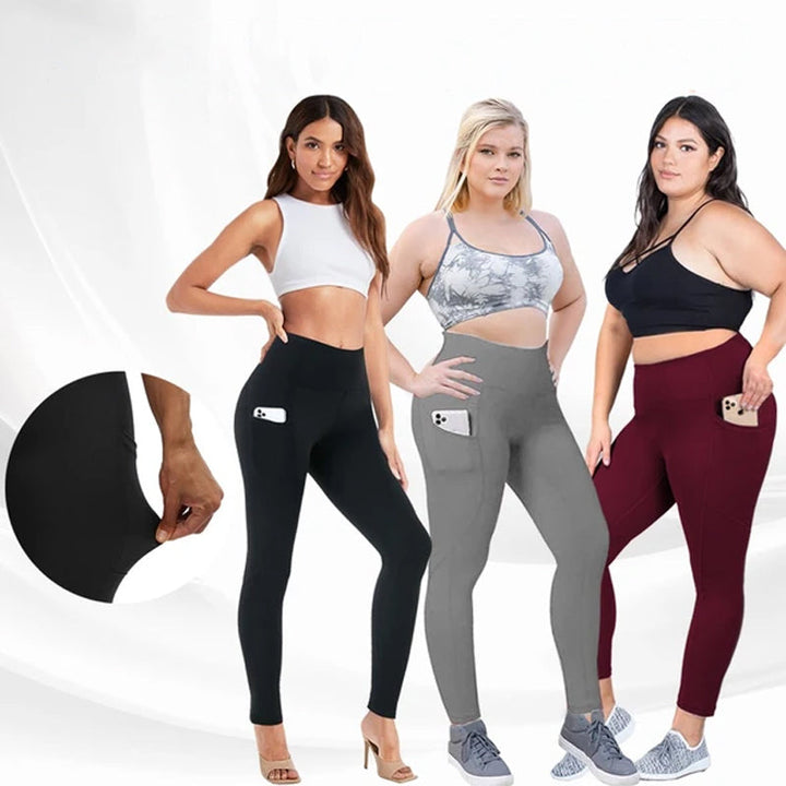 "Damhöga midjeleggings med fickor, rumplyft och kompression i svart, optimal för träning och stilfull vardagsanvändning."