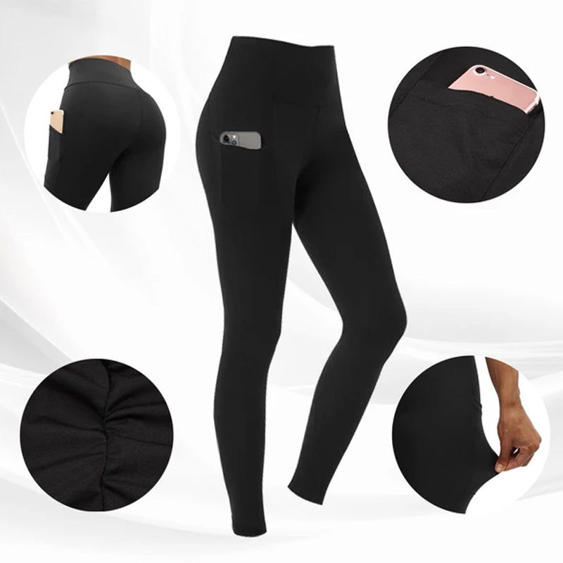 "Damhöga midjeleggings med fickor, rumplyft och kompression i svart, optimal för träning och stilfull vardagsanvändning."
