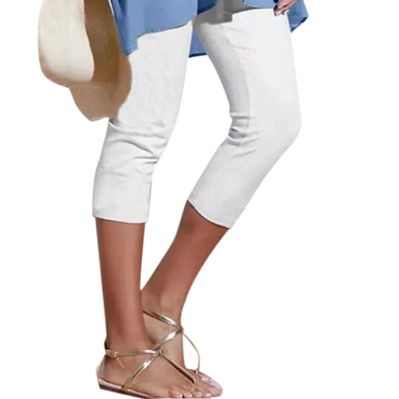 "Damhögmidja 3/4 yoga leggings med fickor, knälång, svart, smörmjuk yta, hög midja, främre fickor, stretchigt tyg."