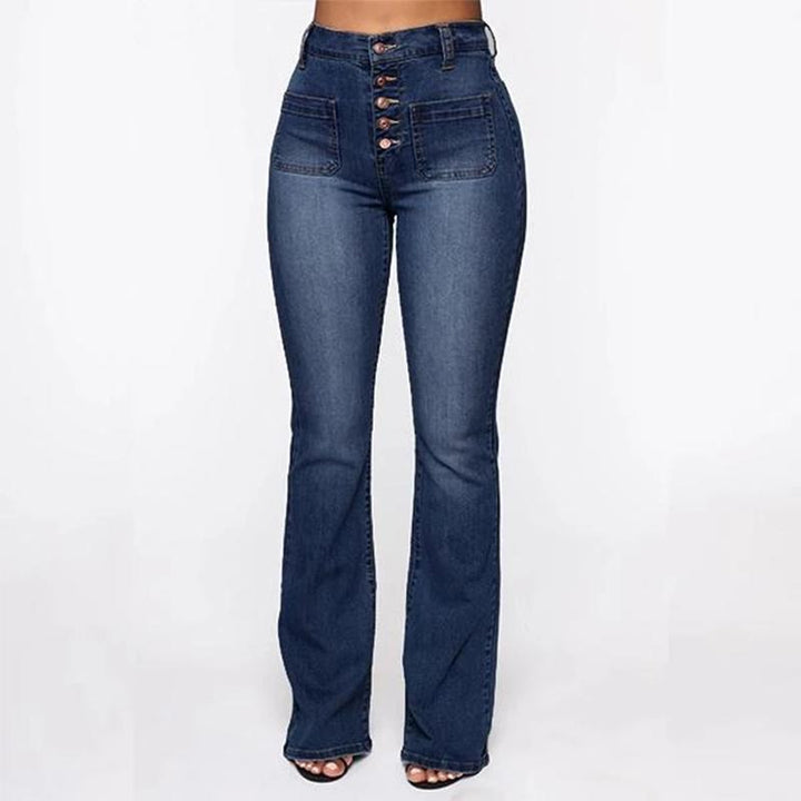 "Damhögmidjade tvättade stövelskurna jeans, framhäver figuren med stretch och andningsbart material i fyra färger."