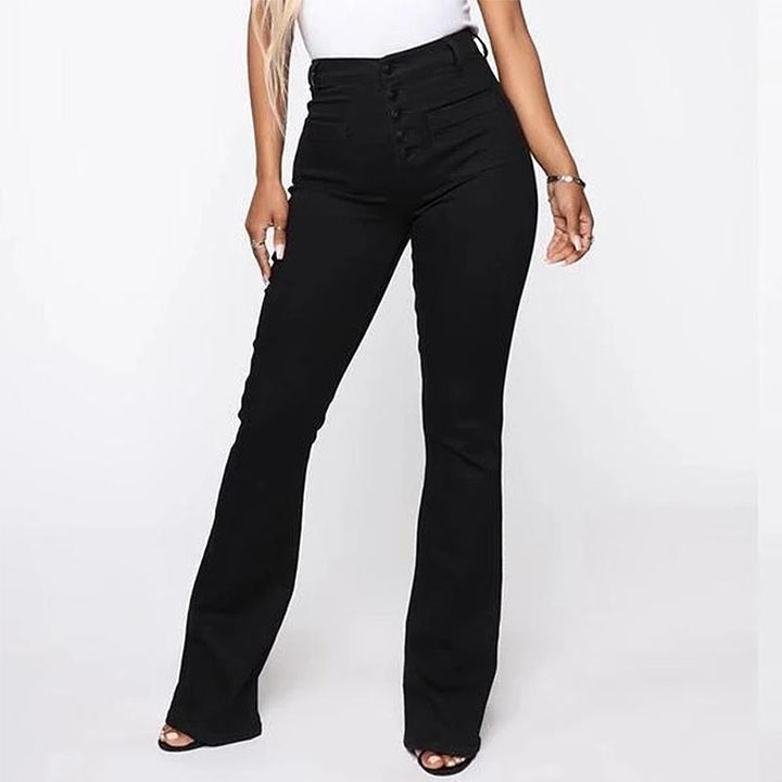 "Damhögmidjade tvättade stövelskurna jeans, framhäver figuren med stretch och andningsbart material i fyra färger."