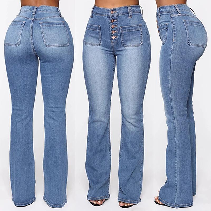 "Damhögmidjade tvättade stövelskurna jeans, framhäver figuren med stretch och andningsbart material i fyra färger."