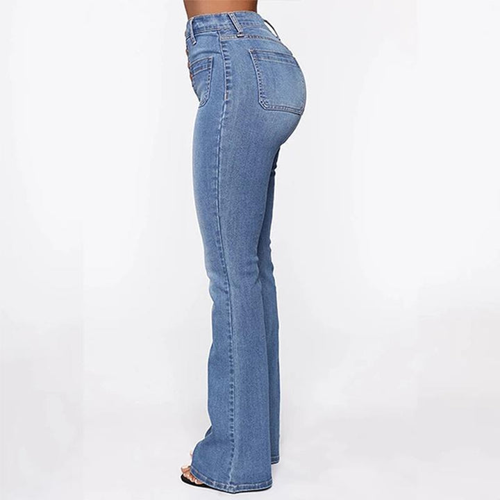 "Damhögmidjade tvättade stövelskurna jeans, framhäver figuren med stretch och andningsbart material i fyra färger."