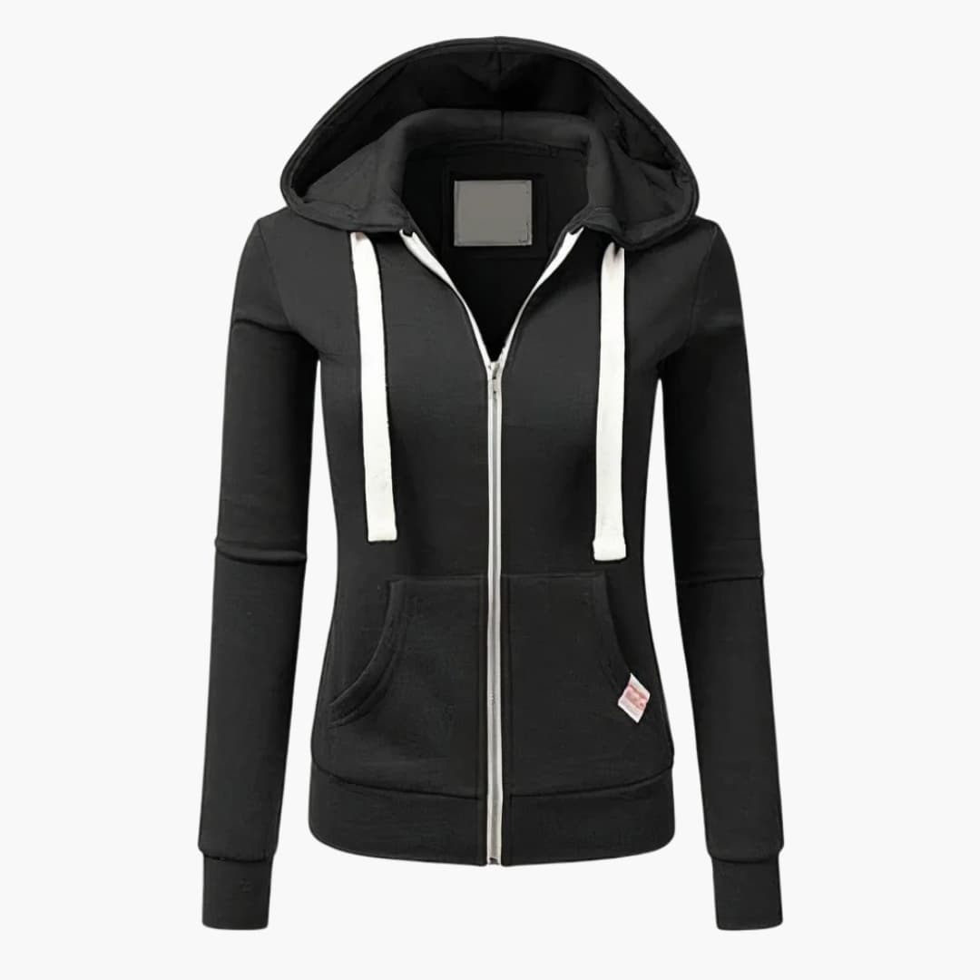Bekväm damhoodie med dragkedja, huva och lös passform. Vardagsmode för lager-på-lager.