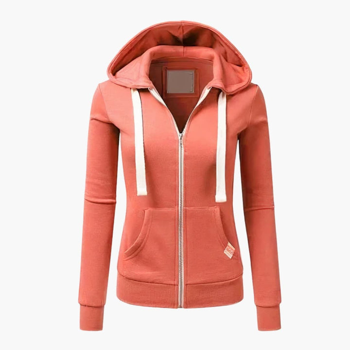 Färgstark damsweatshirt med dragkedja, huva & lös passform. Idealiskt plagg för fritid & komfort.