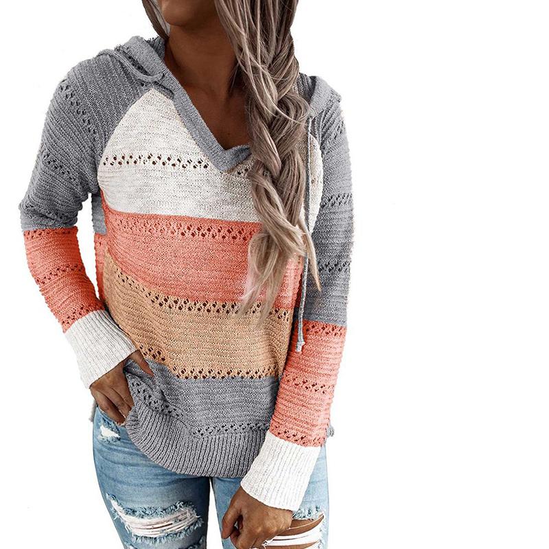 "Damhoodie med V-ringning och färgblock, stickad design. Passar för streetwear, elegant och bekväm för kyligt väder."
