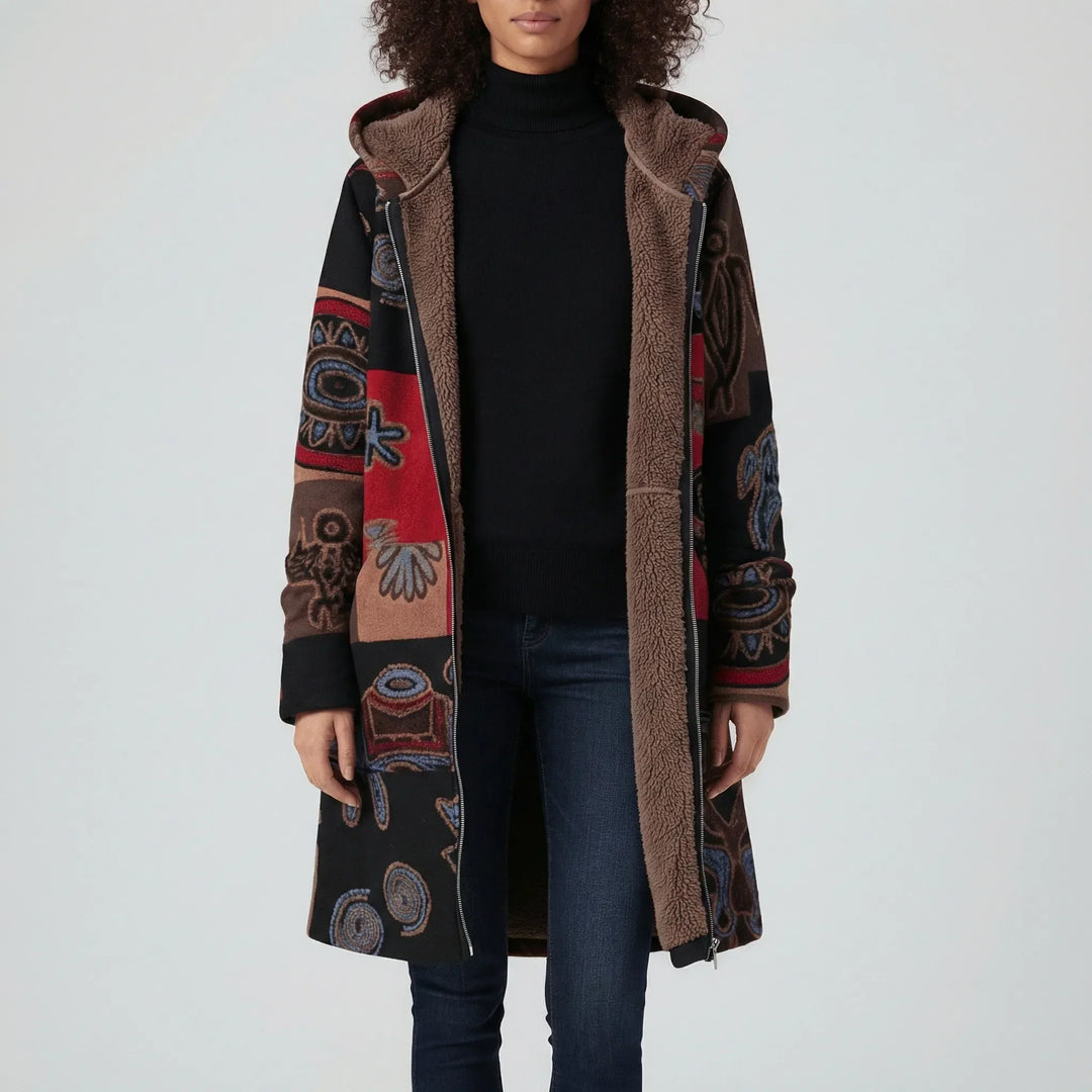 Mönstrad damjacka: Elegant figursydd jacka Ella med huva, retrodesign för vår och höst.