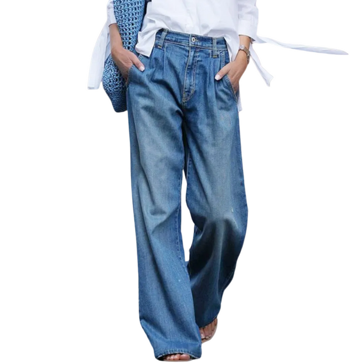 Damjeans med hög midja och vid passform i klassisk blå denim, perfekt för en bekväm sommarstil.