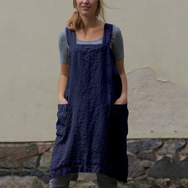"Damknälängd fyrkantig tankklänning med fickor, bomull-linne, casual stil, idealisk för vår- och sommarbruk."