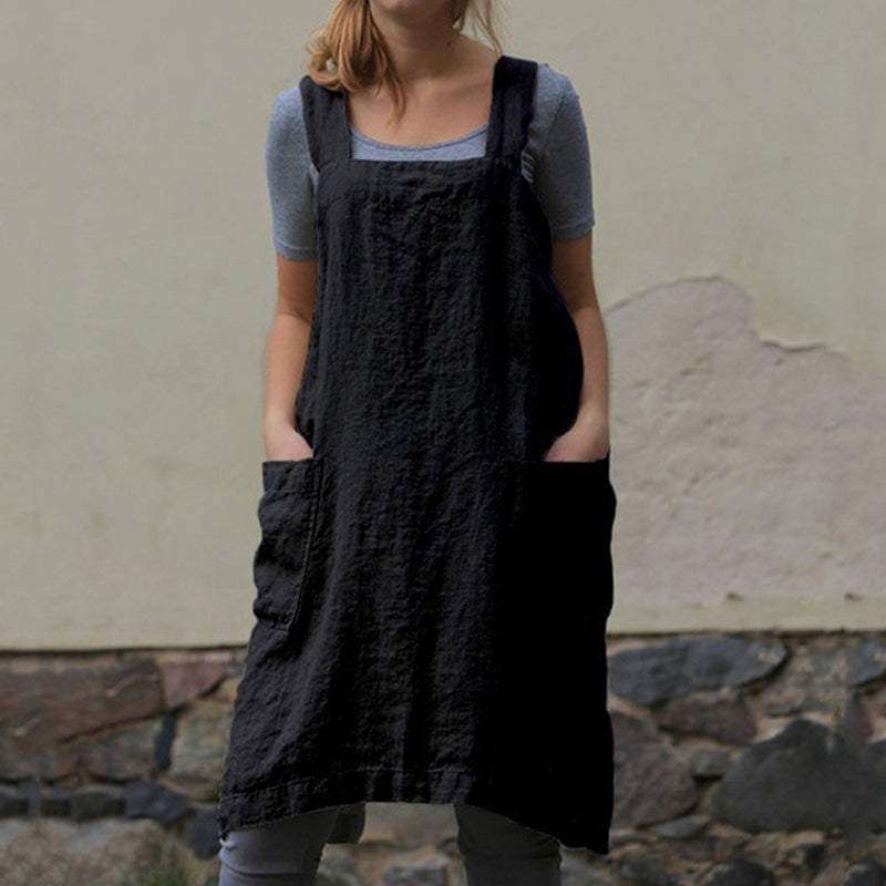"Damknälängd fyrkantig tankklänning med fickor, bomull-linne, casual stil, idealisk för vår- och sommarbruk."