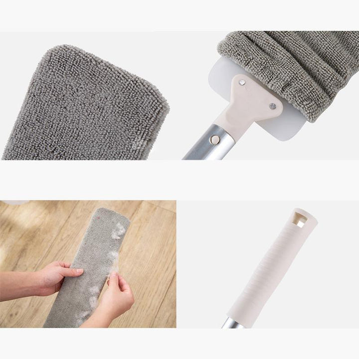 "Dammborste med långt handtag, platt borsthuvud i mikrofiber för effektiv rengöring av höga, svåråtkomliga ytor."
