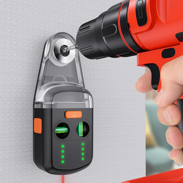 "Dammfångare med inbyggd lasernivå, svart och grå design, för exakt och dammfri borrning i byggprojekt."